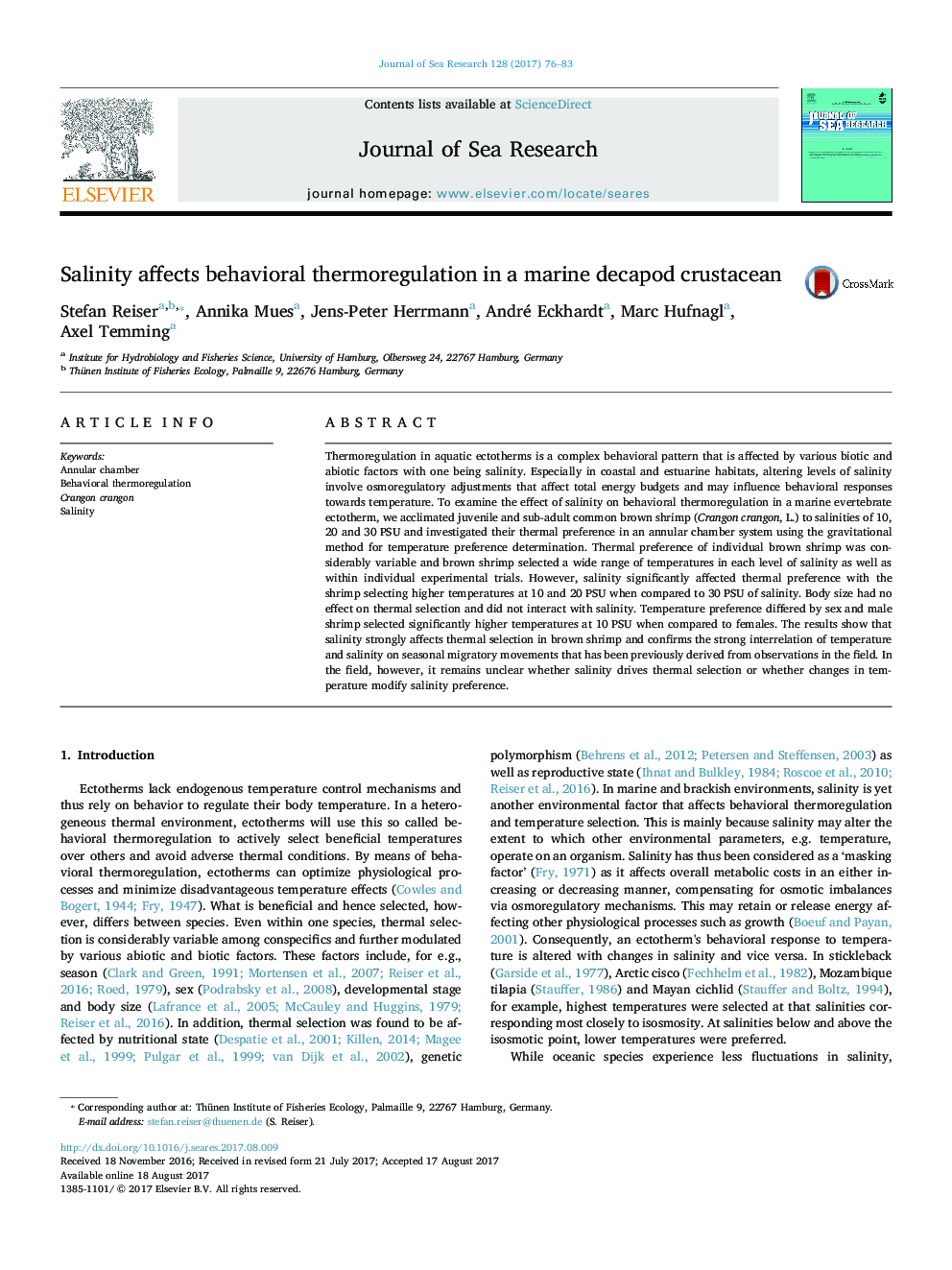 Salinity affects behavioral thermoregulation in a marine decapod crustacean