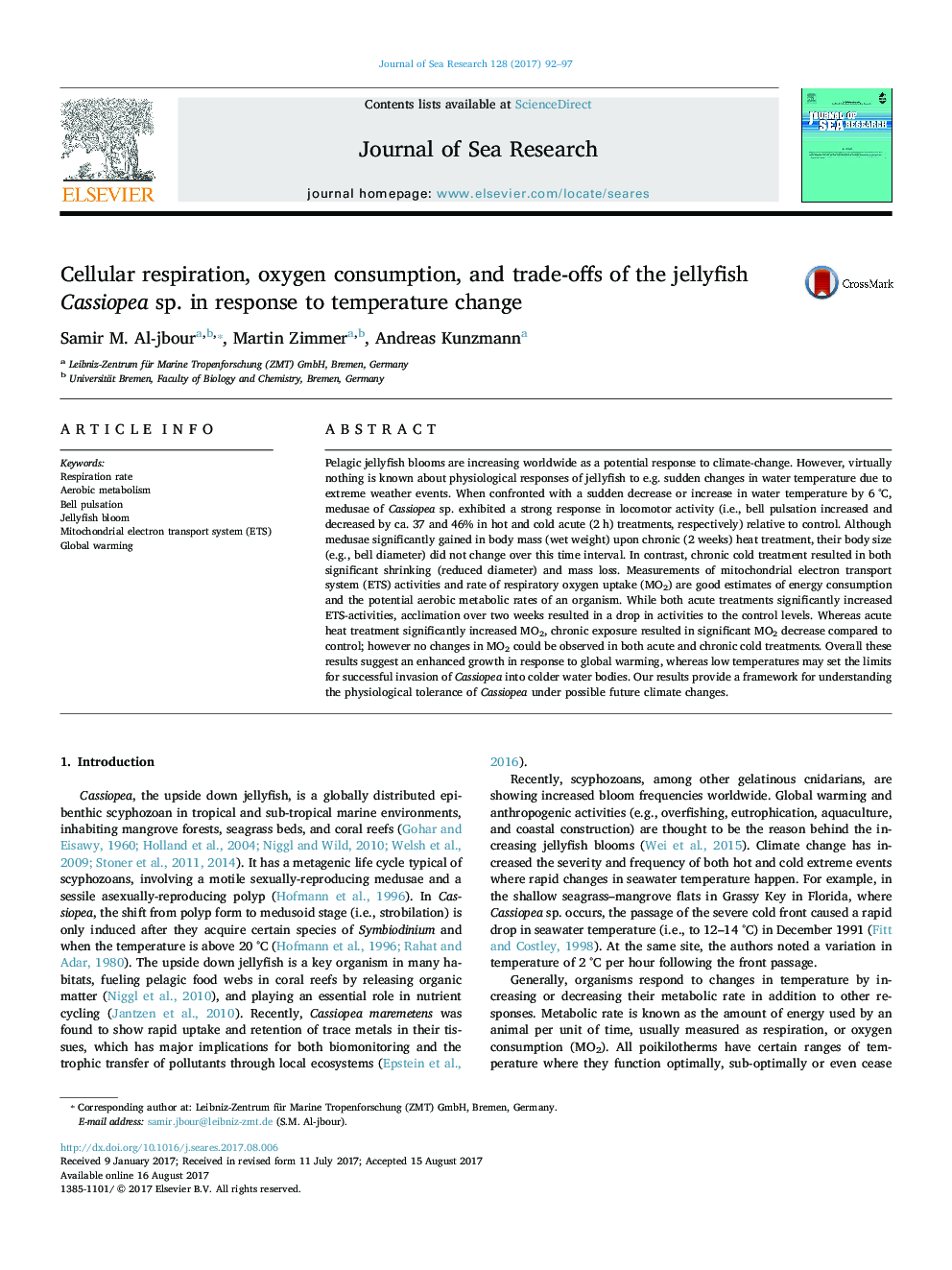 Cellular respiration, oxygen consumption, and trade-offs of the jellyfish Cassiopea sp. in response to temperature change