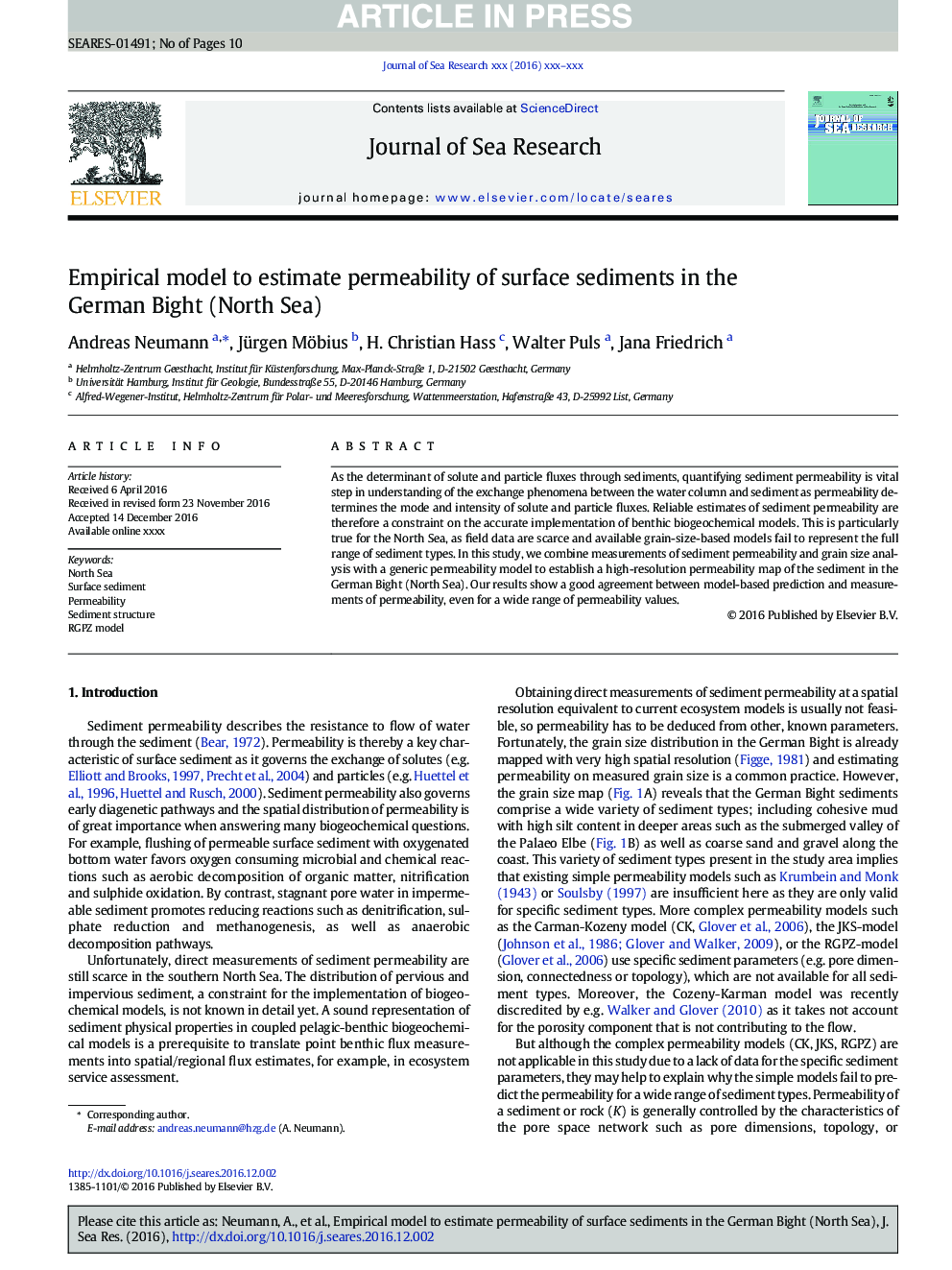 Empirical model to estimate permeability of surface sediments in the German Bight (North Sea)