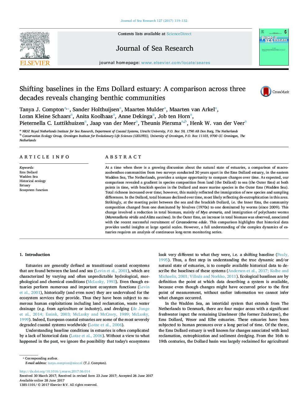 Shifting baselines in the Ems Dollard estuary: A comparison across three decades reveals changing benthic communities