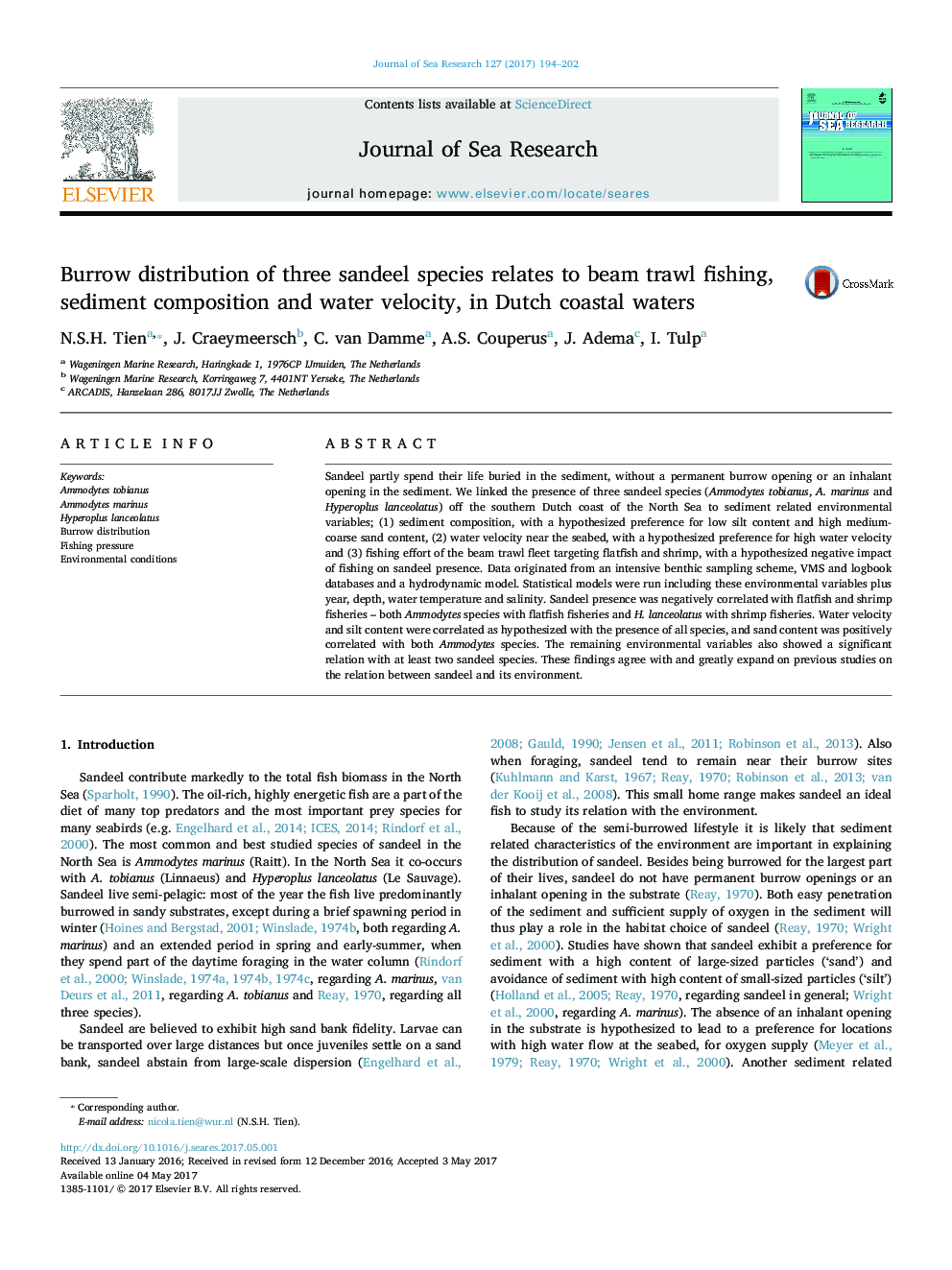 Burrow distribution of three sandeel species relates to beam trawl fishing, sediment composition and water velocity, in Dutch coastal waters