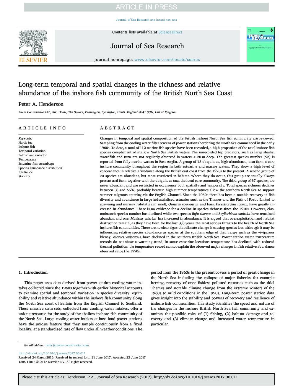 تغییرات زمانی و مکانی طولانی مدت در غنای و فراوانی نسبی جامعه ماهی ساحلی ساحل دریای شمال بریتانیا 