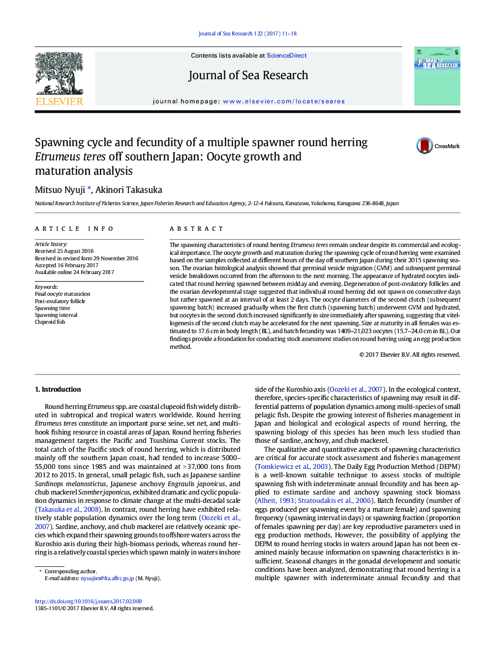 Spawning cycle and fecundity of a multiple spawner round herring Etrumeus teres off southern Japan: Oocyte growth and maturation analysis