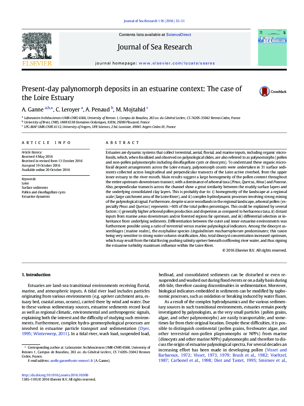 Present-day palynomorph deposits in an estuarine context: The case of the Loire Estuary