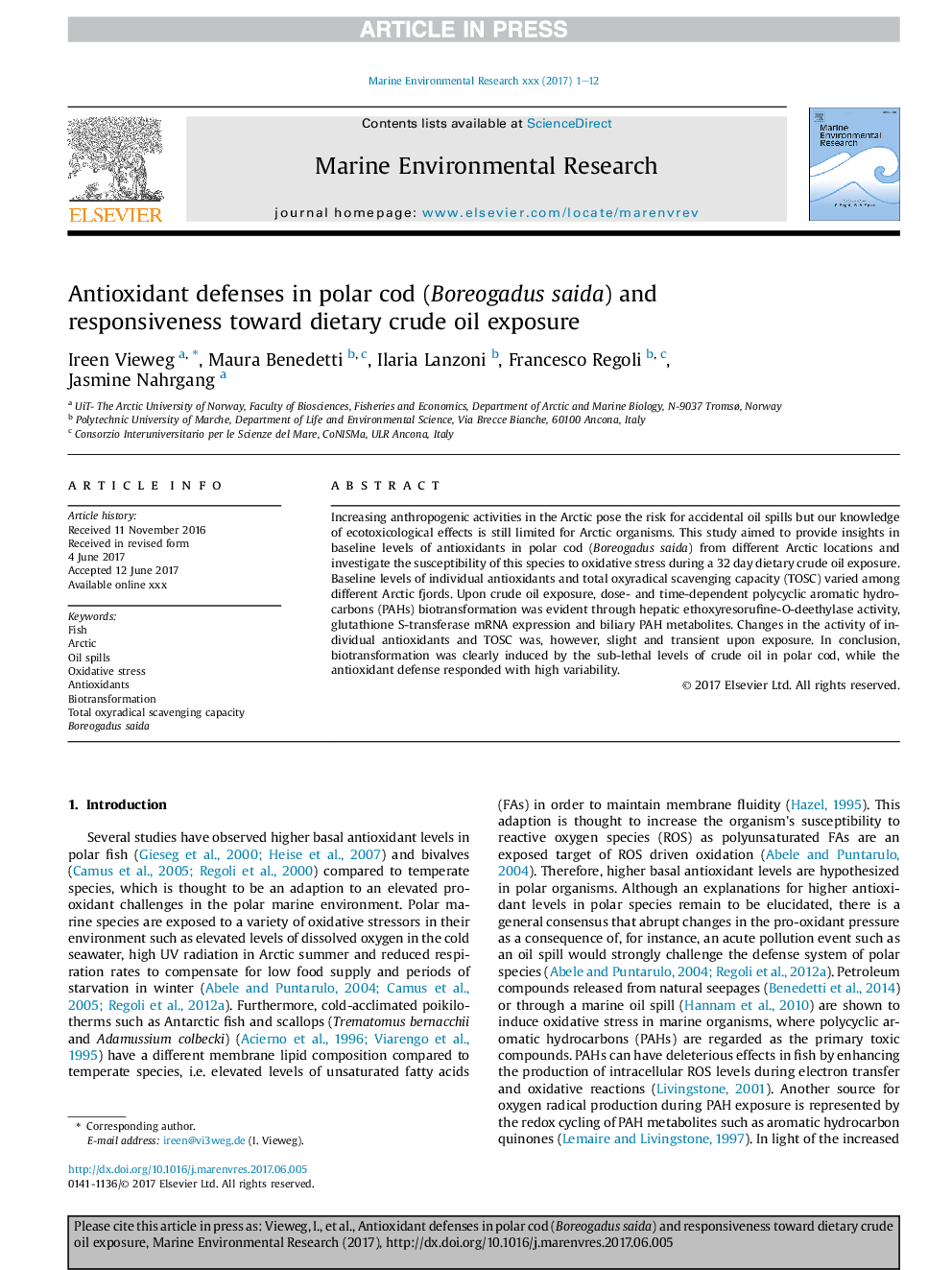 Antioxidant defenses in polar cod (Boreogadus saida) and responsiveness toward dietary crude oil exposure