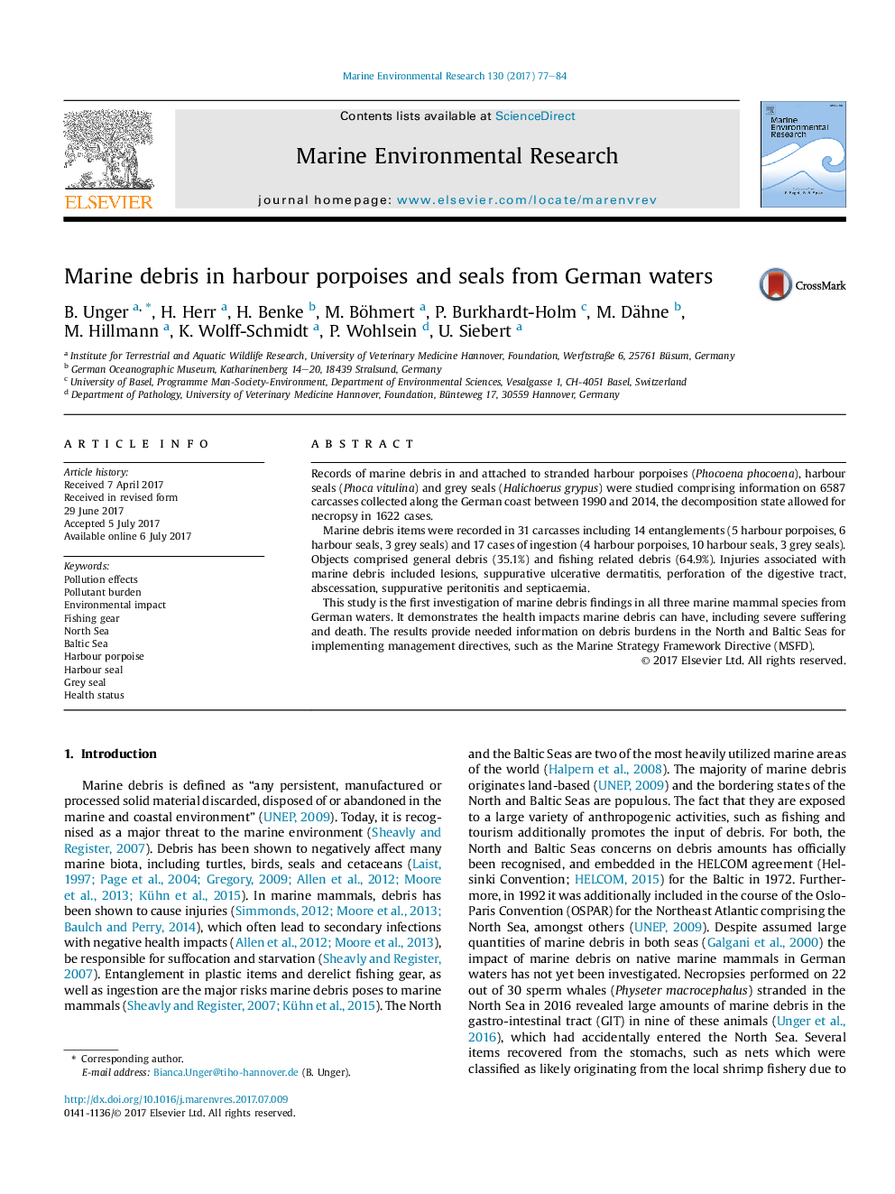 Marine debris in harbour porpoises and seals from German waters