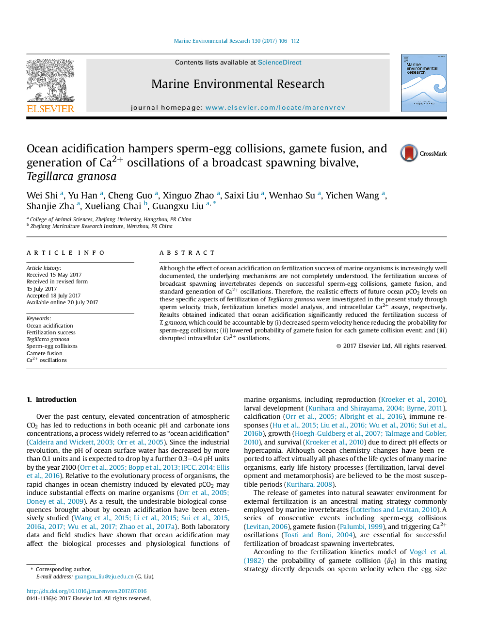 Ocean acidification hampers sperm-egg collisions, gamete fusion, and generation of Ca2+ oscillations of a broadcast spawning bivalve, Tegillarca granosa