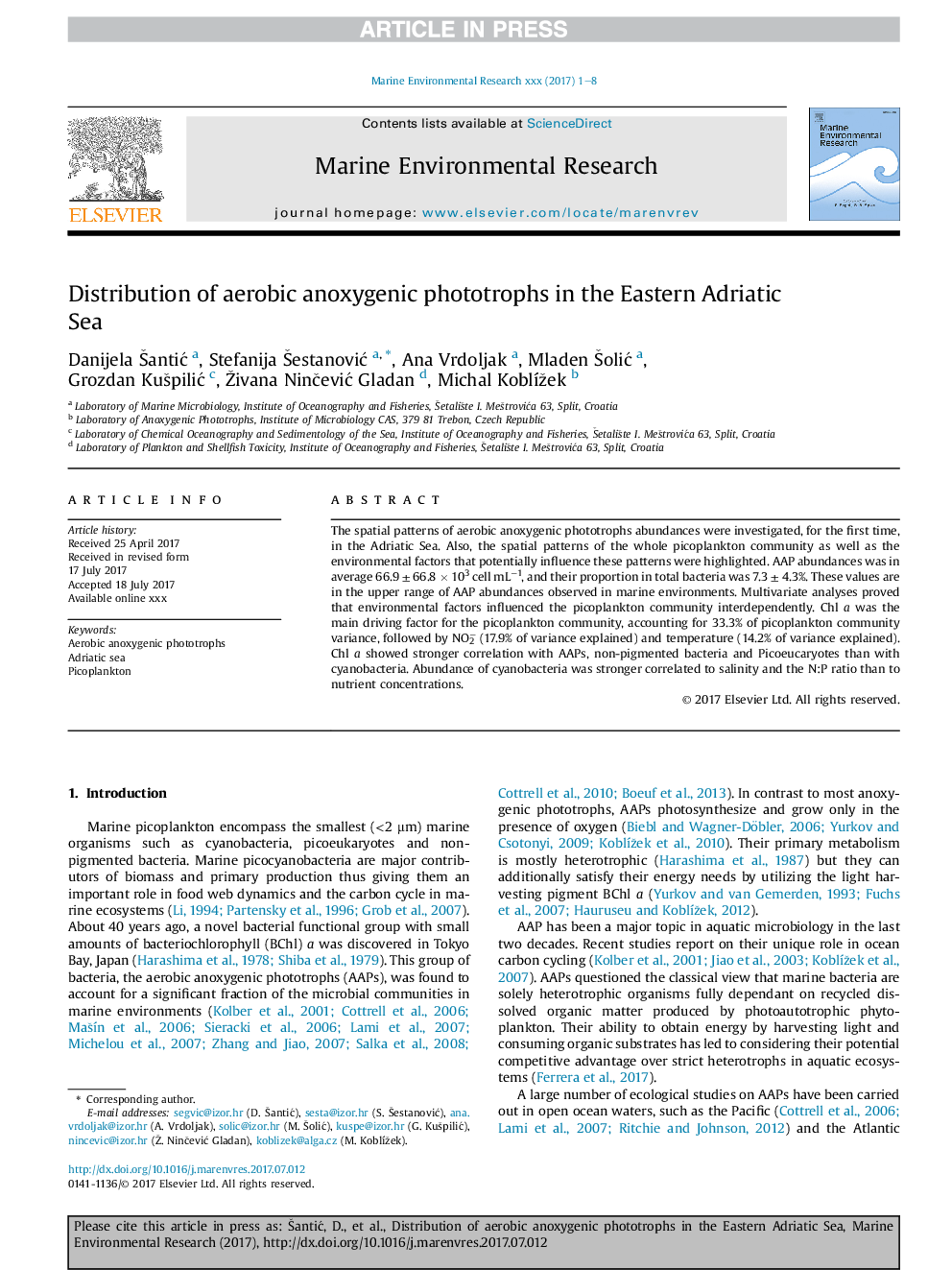 Distribution of aerobic anoxygenic phototrophs in the Eastern Adriatic Sea