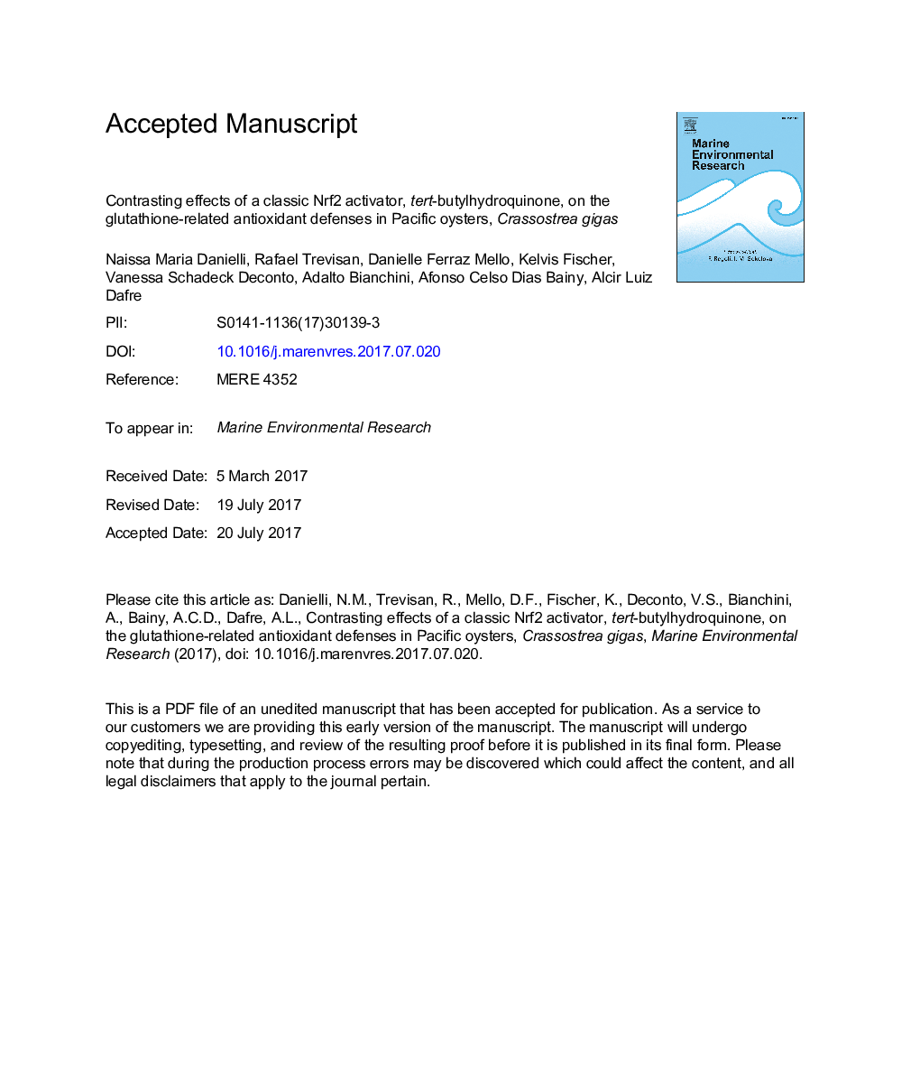 Contrasting effects of a classic Nrf2 activator, tert-butylhydroquinone, on the glutathione-related antioxidant defenses in Pacific oysters, Crassostrea gigas