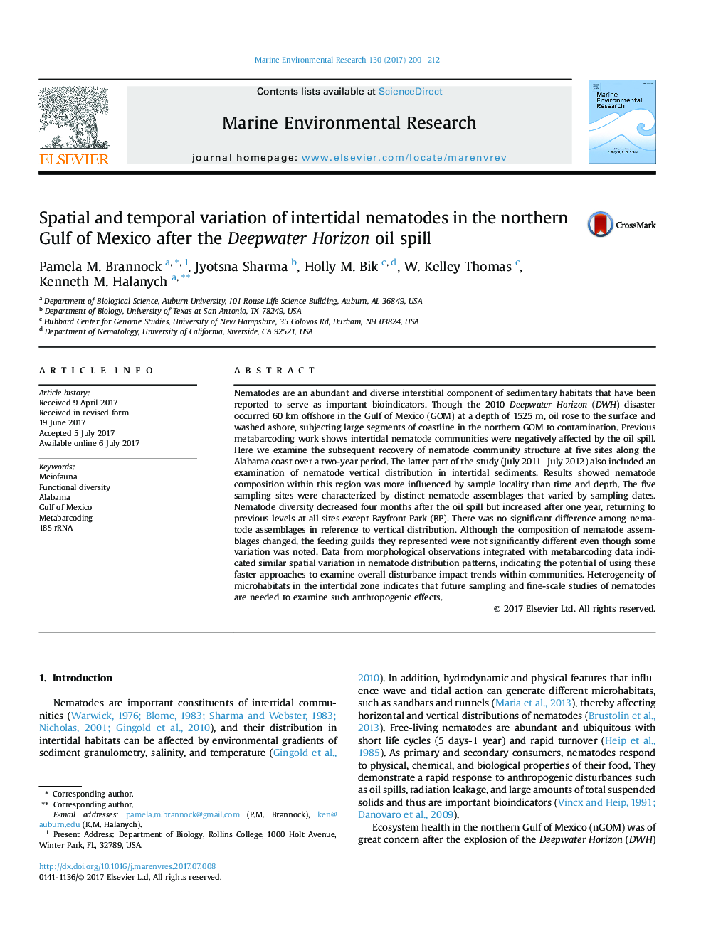 Spatial and temporal variation of intertidal nematodes in the northern Gulf of Mexico after the Deepwater Horizon oil spill