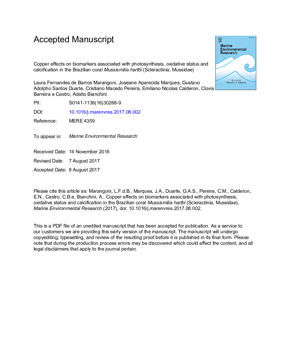 Copper effects on biomarkers associated with photosynthesis, oxidative status and calcification in the Brazilian coral Mussismilia harttii (Scleractinia, Mussidae)