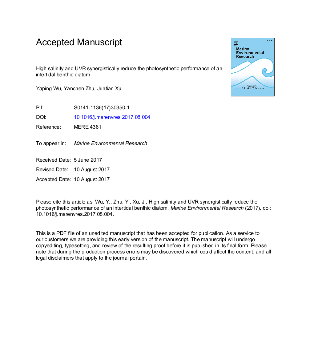 High salinity and UVR synergistically reduce the photosynthetic performance of an intertidal benthic diatom