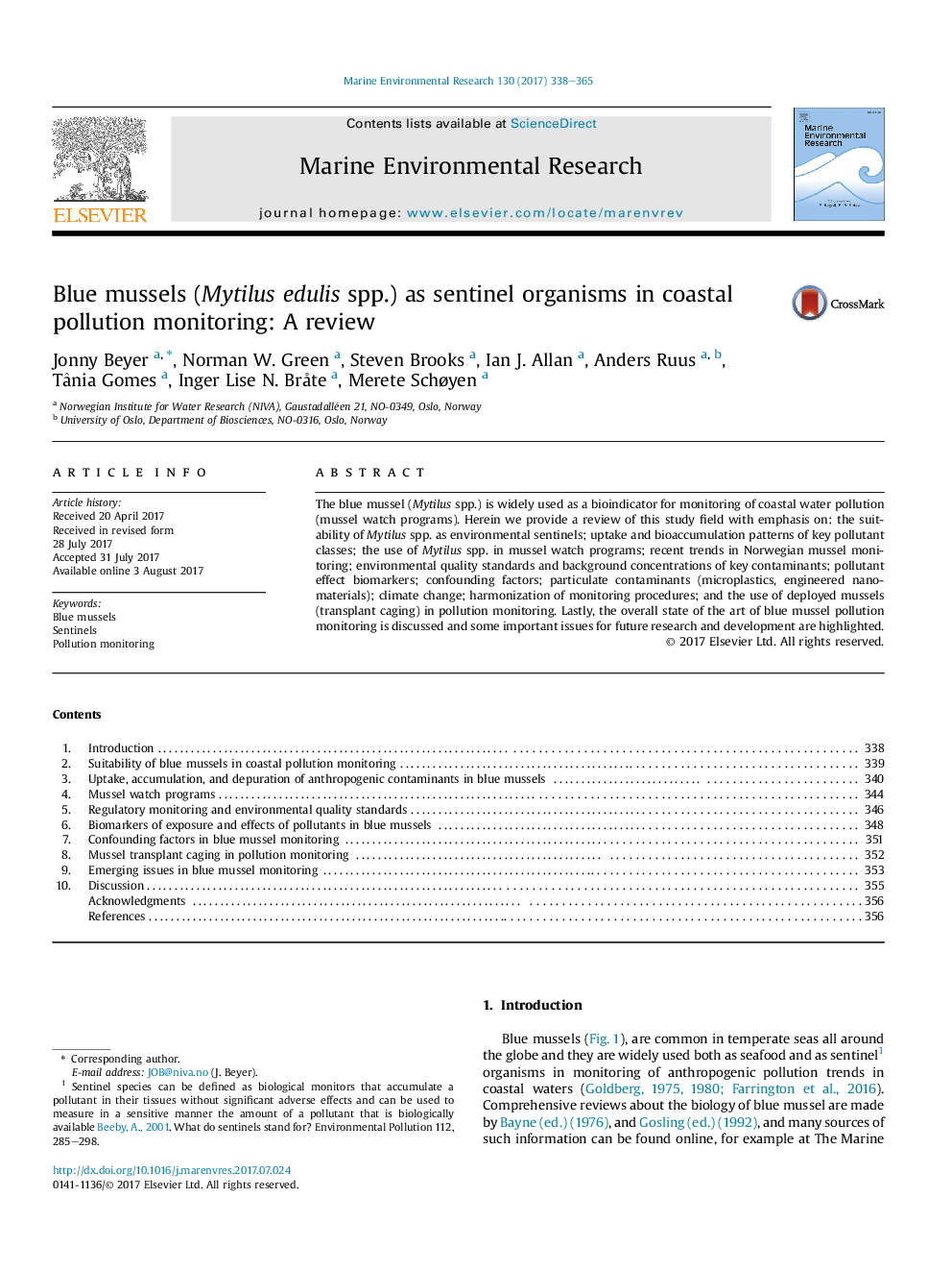 Blue mussels (Mytilus edulis spp.) as sentinel organisms in coastal pollution monitoring: A review