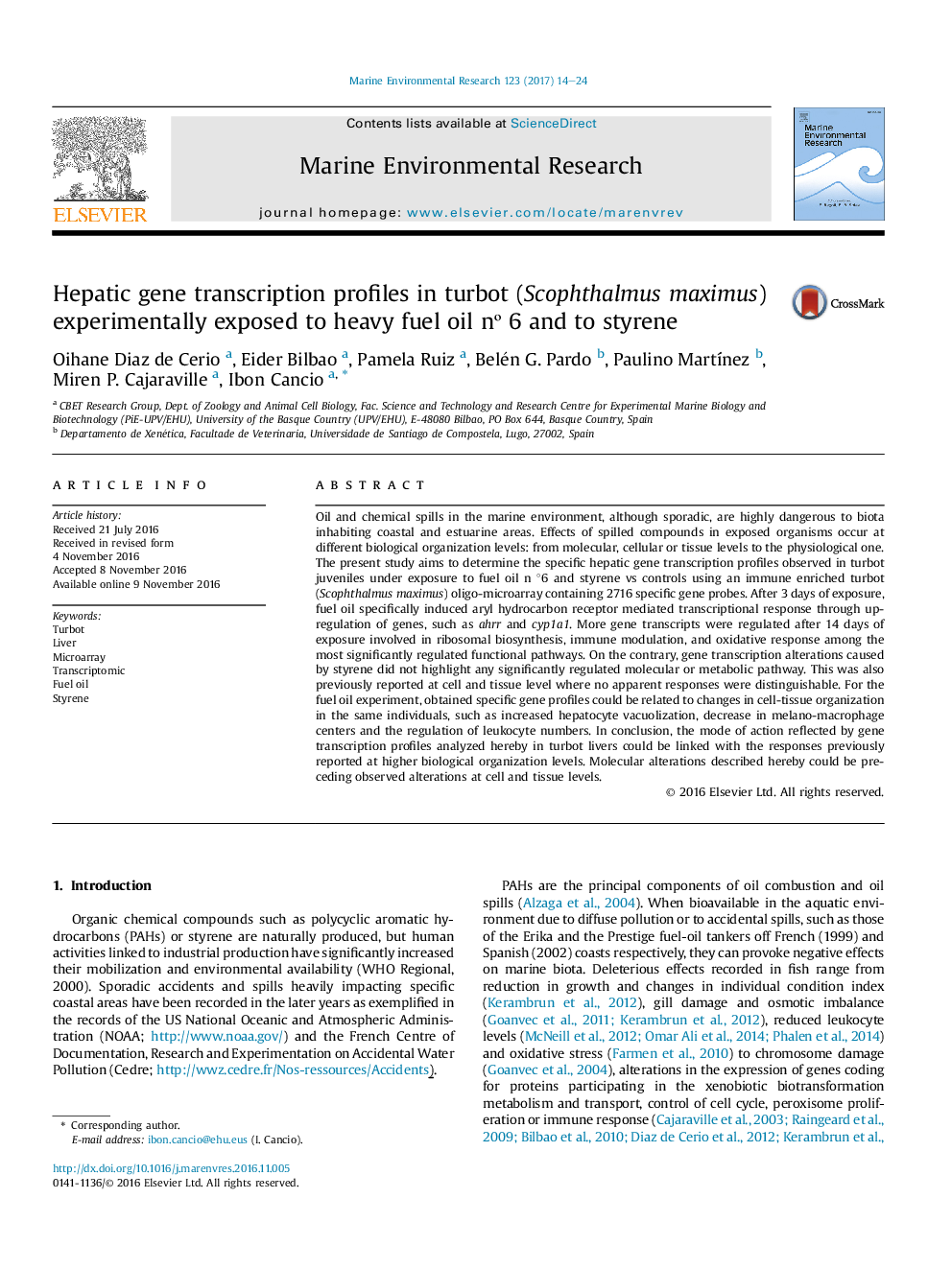 Hepatic gene transcription profiles in turbot (Scophthalmus maximus) experimentally exposed to heavy fuel oil nÂº 6 and to styrene