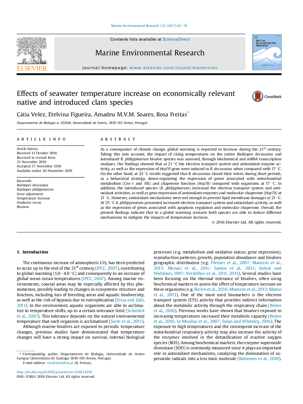 Effects of seawater temperature increase on economically relevant native and introduced clam species