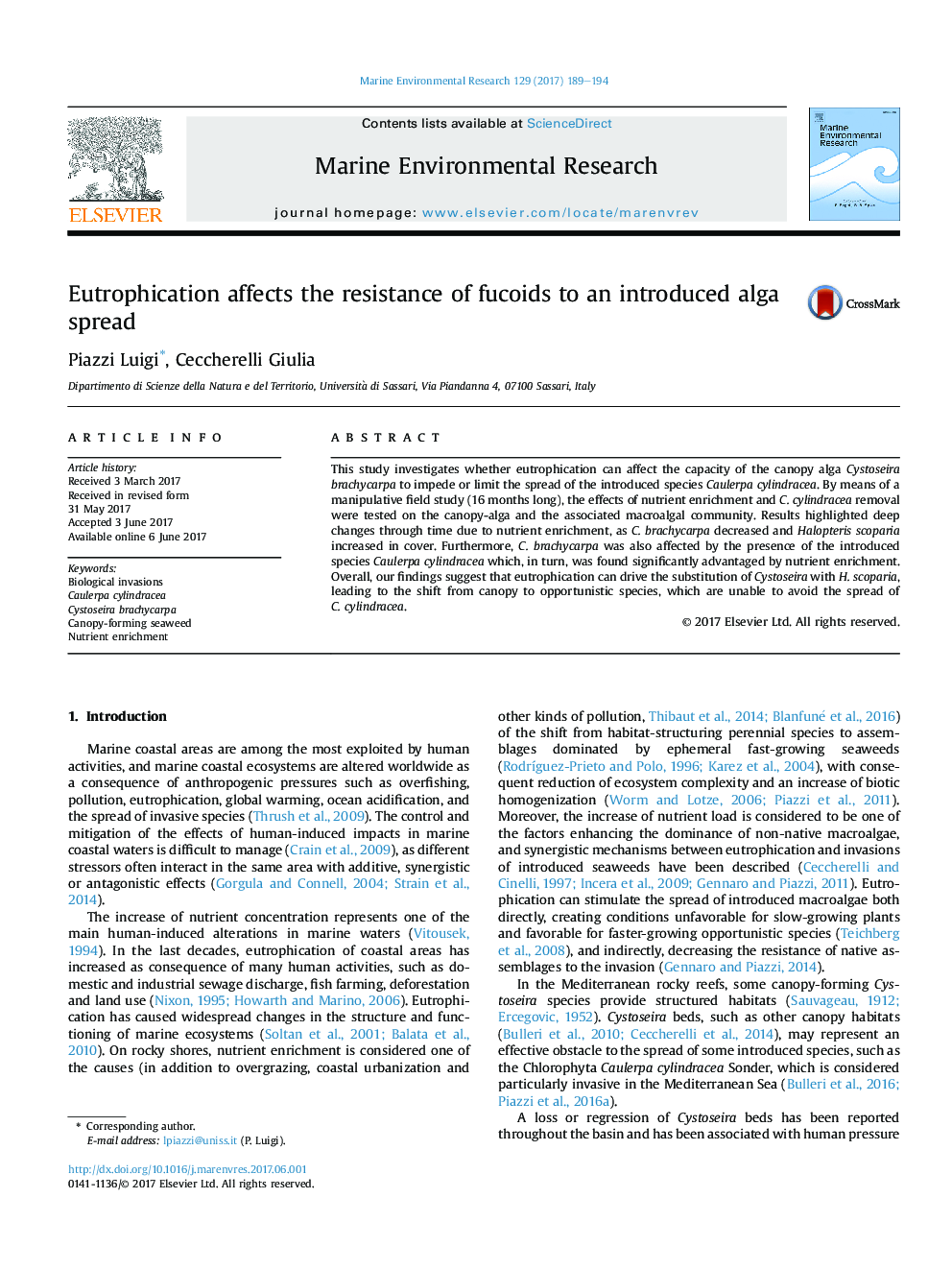 Eutrophication affects the resistance of fucoids to an introduced alga spread