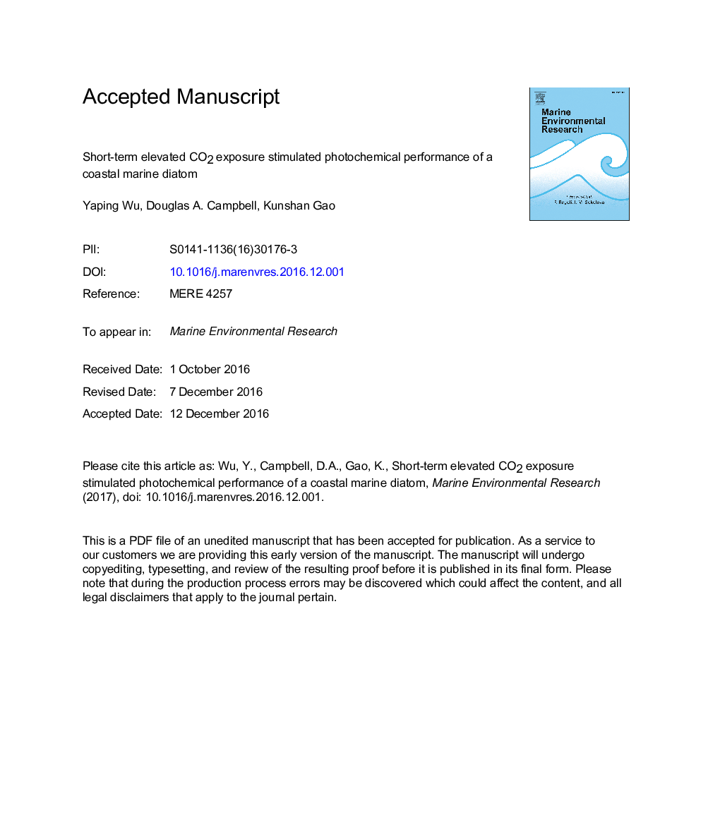 Short-term elevated CO2 exposure stimulated photochemical performance of a coastal marine diatom