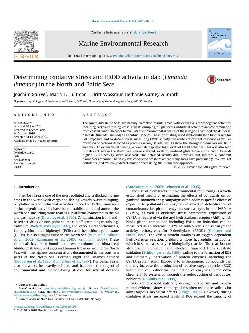 Determining oxidative stress and EROD activity in dab (Limanda limanda) in the North and Baltic Seas