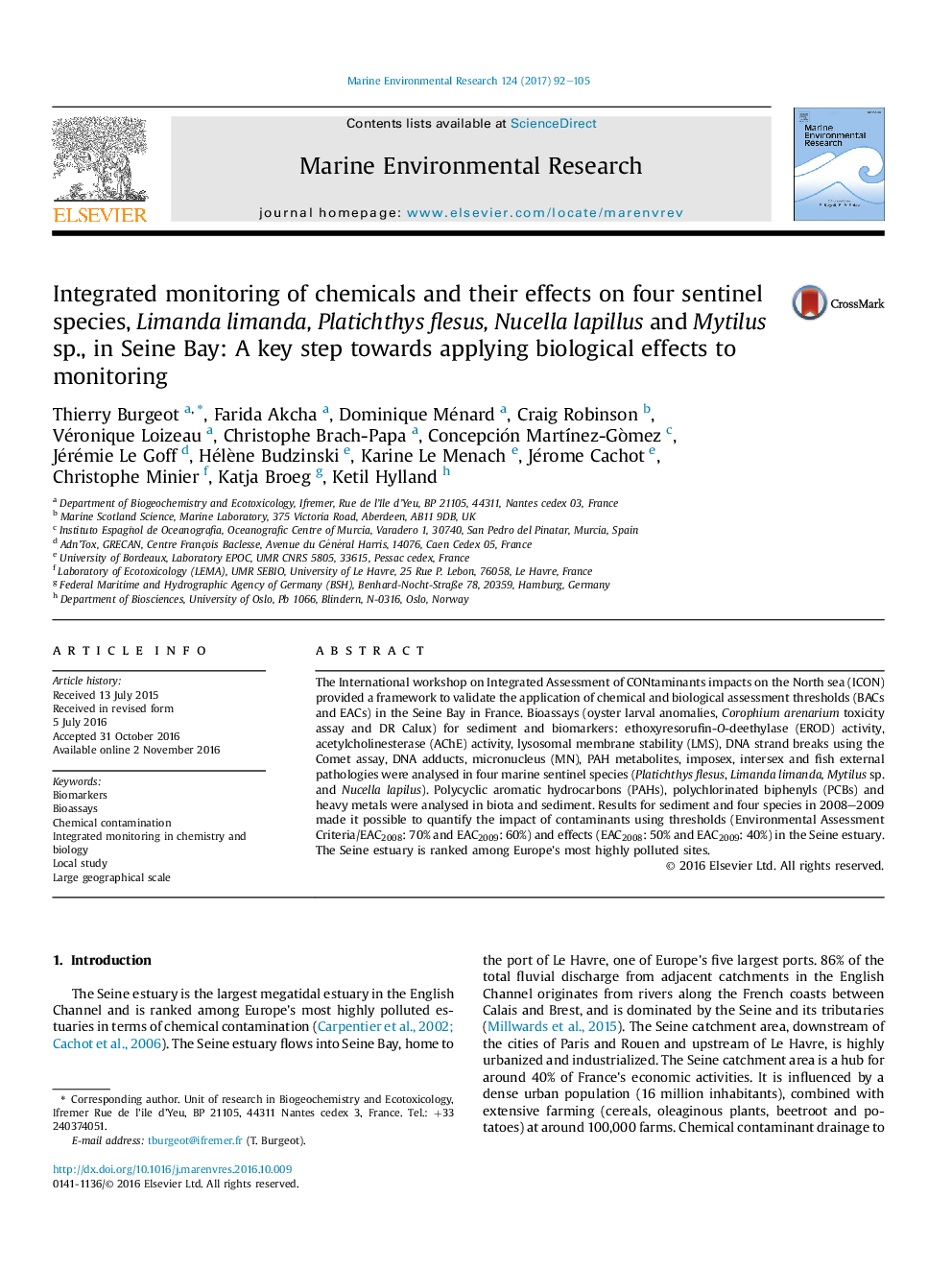 Integrated monitoring of chemicals and their effects on four sentinel species, Limanda limanda, Platichthys flesus, Nucella lapillus and Mytilus sp., in Seine Bay: A key step towards applying biological effects to monitoring