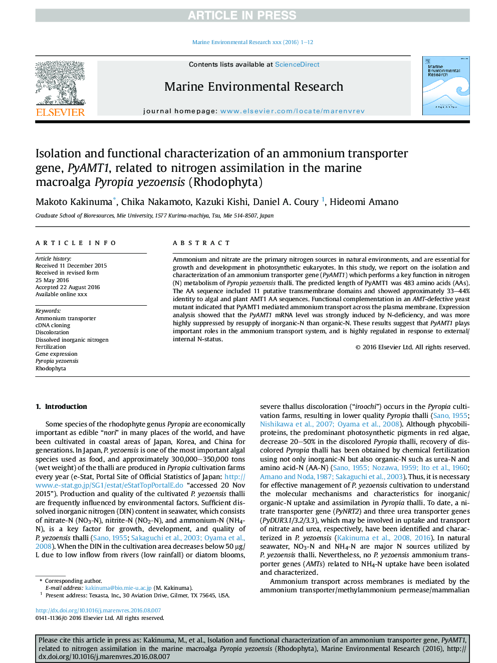 Isolation and functional characterization of an ammonium transporter gene, PyAMT1, related to nitrogen assimilation in the marine macroalga Pyropia yezoensis (Rhodophyta)