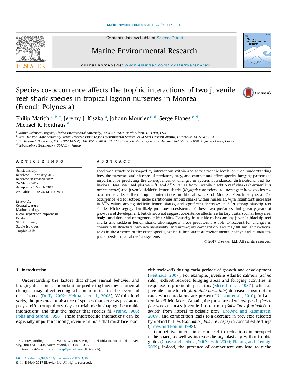 Species co-occurrence affects the trophic interactions of two juvenile reef shark species in tropical lagoon nurseries in Moorea (FrenchÂ Polynesia)