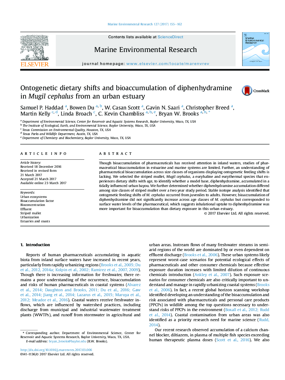 Ontogenetic dietary shifts and bioaccumulation of diphenhydramine in Mugil cephalus from an urban estuary