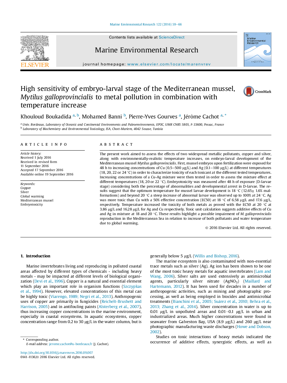 High sensitivity of embryo-larval stage of the Mediterranean mussel, Mytilus galloprovincialis to metal pollution in combination with temperature increase