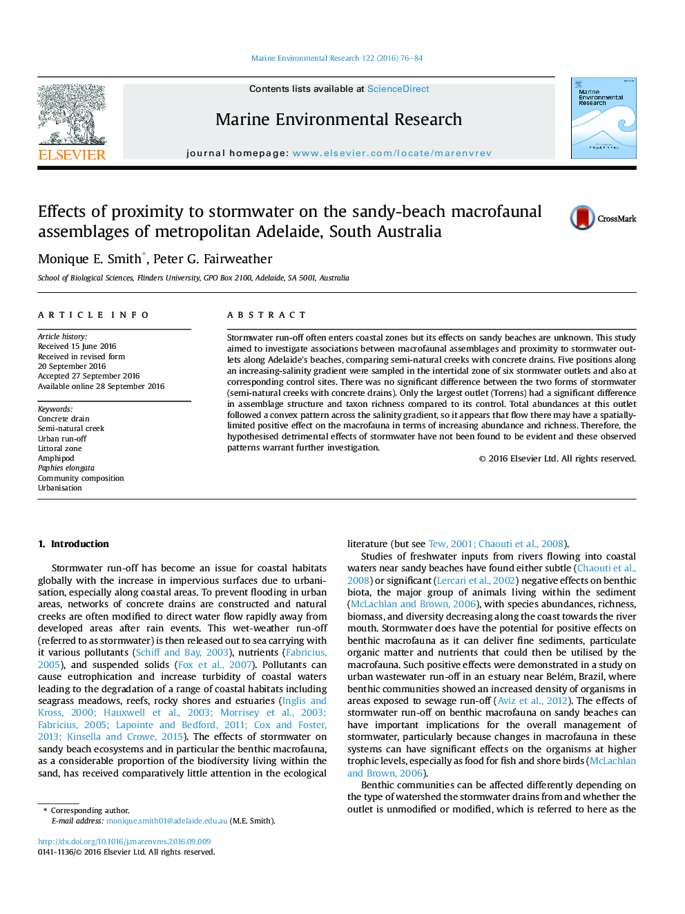 Effects of proximity to stormwater on the sandy-beach macrofaunal assemblages of metropolitan Adelaide, South Australia