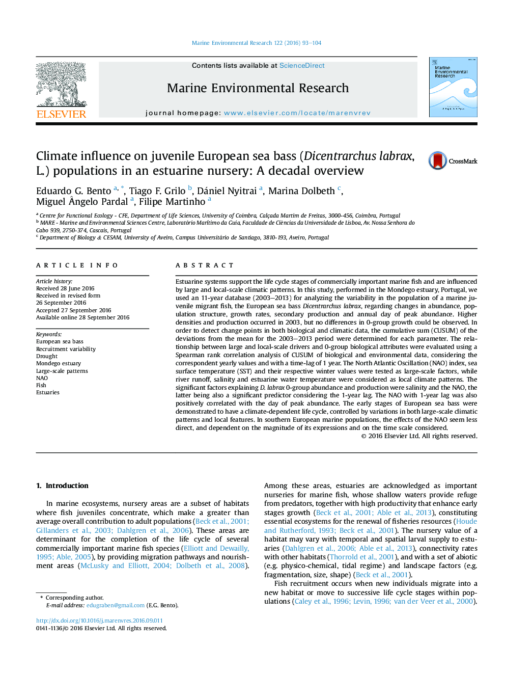 Climate influence on juvenile European sea bass (Dicentrarchus labrax, L.) populations in an estuarine nursery: A decadal overview