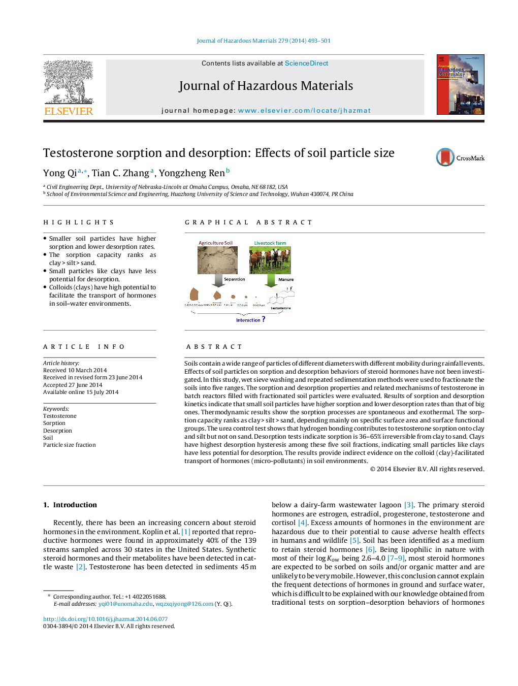 Testosterone sorption and desorption: Effects of soil particle size