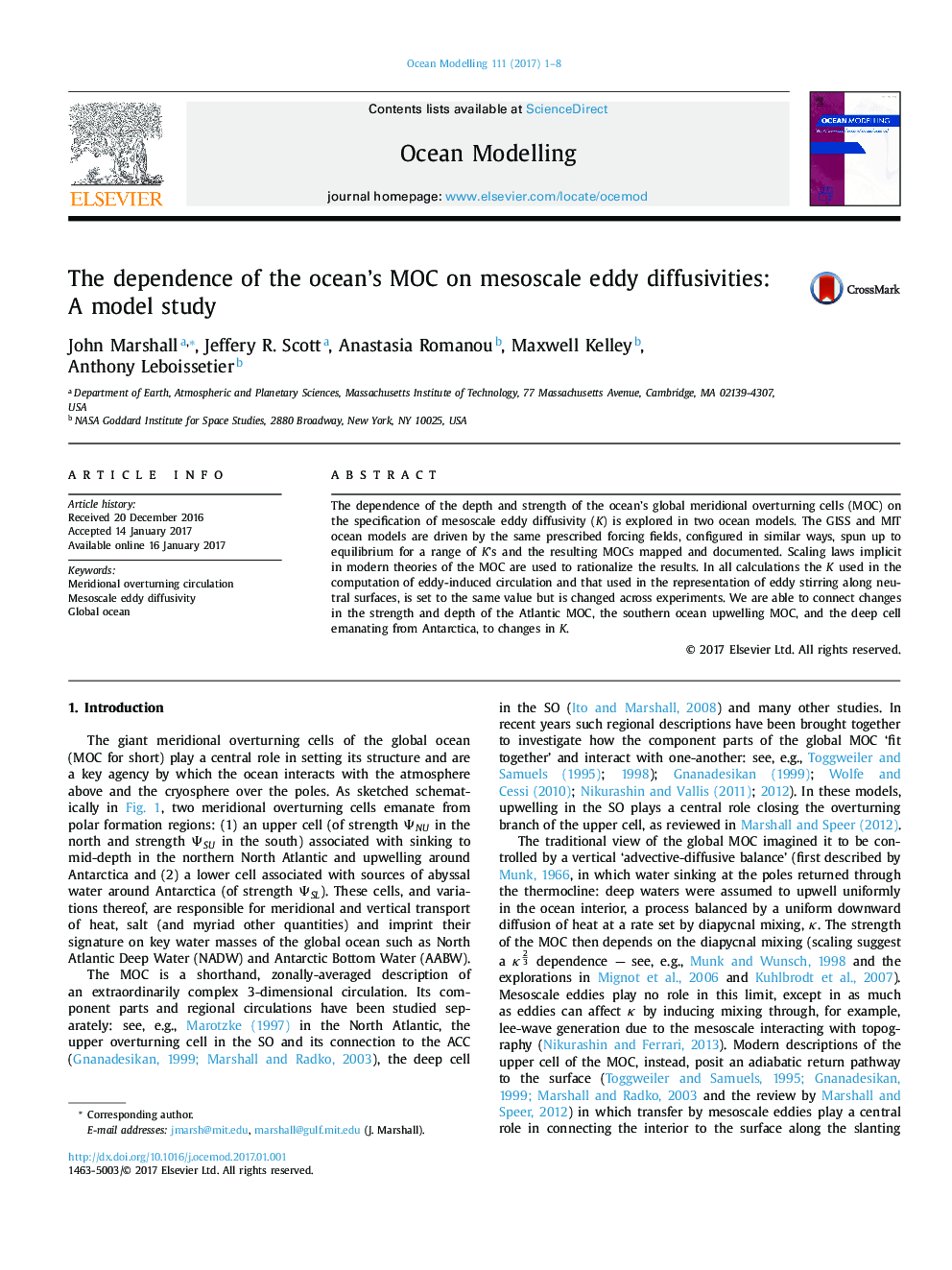 The dependence of the ocean's MOC on mesoscale eddy diffusivities: A model study