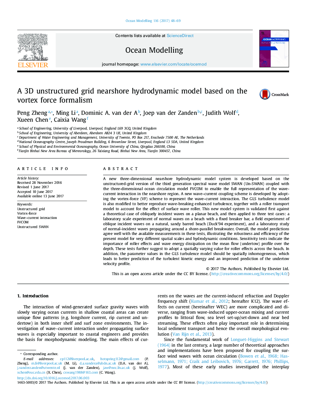 A 3D unstructured grid nearshore hydrodynamic model based on the vortex force formalism