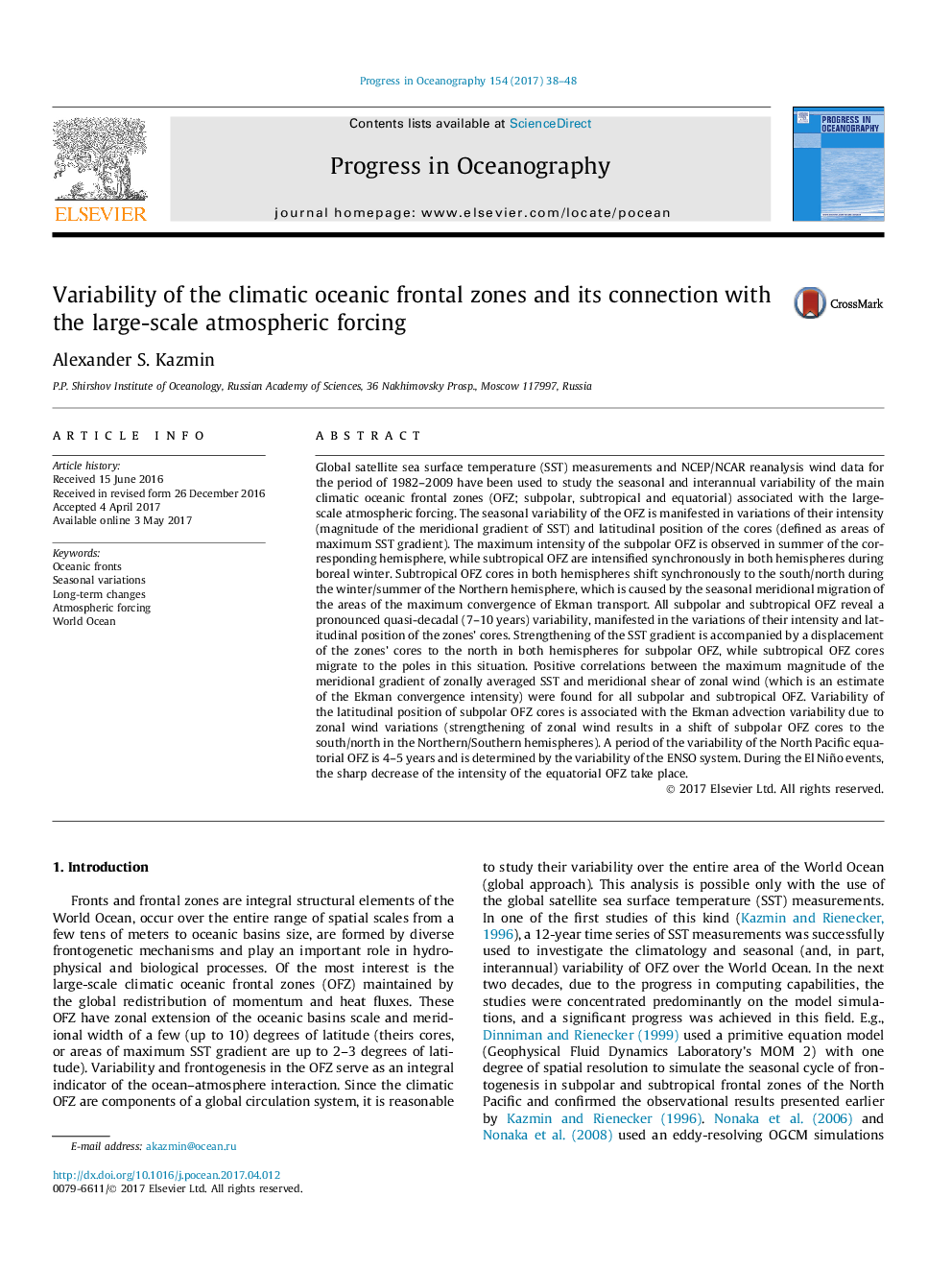 Variability of the climatic oceanic frontal zones and its connection with the large-scale atmospheric forcing