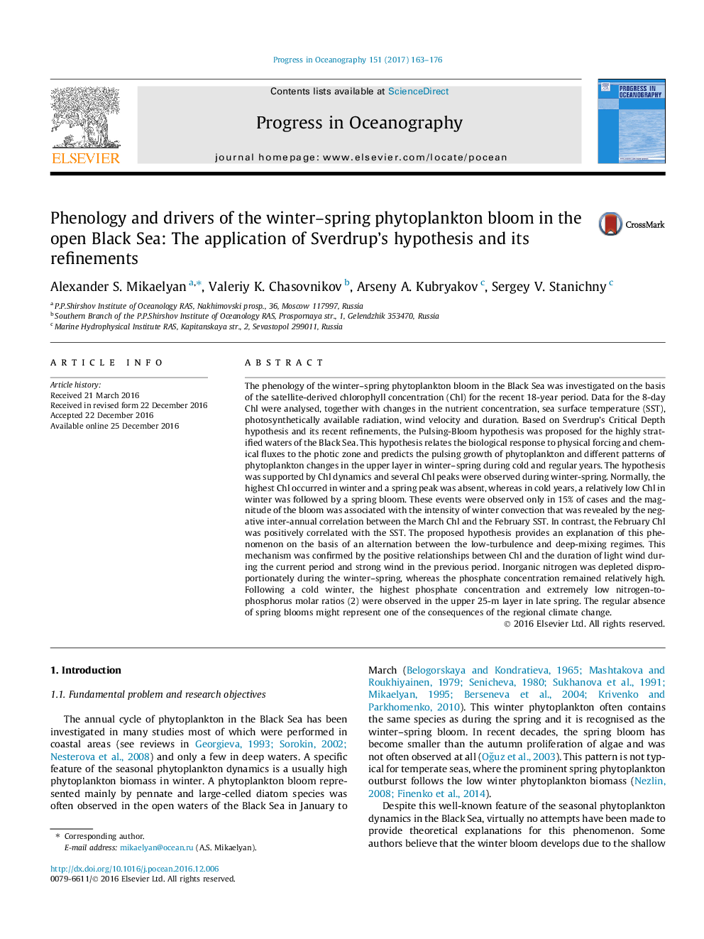 Phenology and drivers of the winter–spring phytoplankton bloom in the open Black Sea: The application of Sverdrup’s hypothesis and its refinements