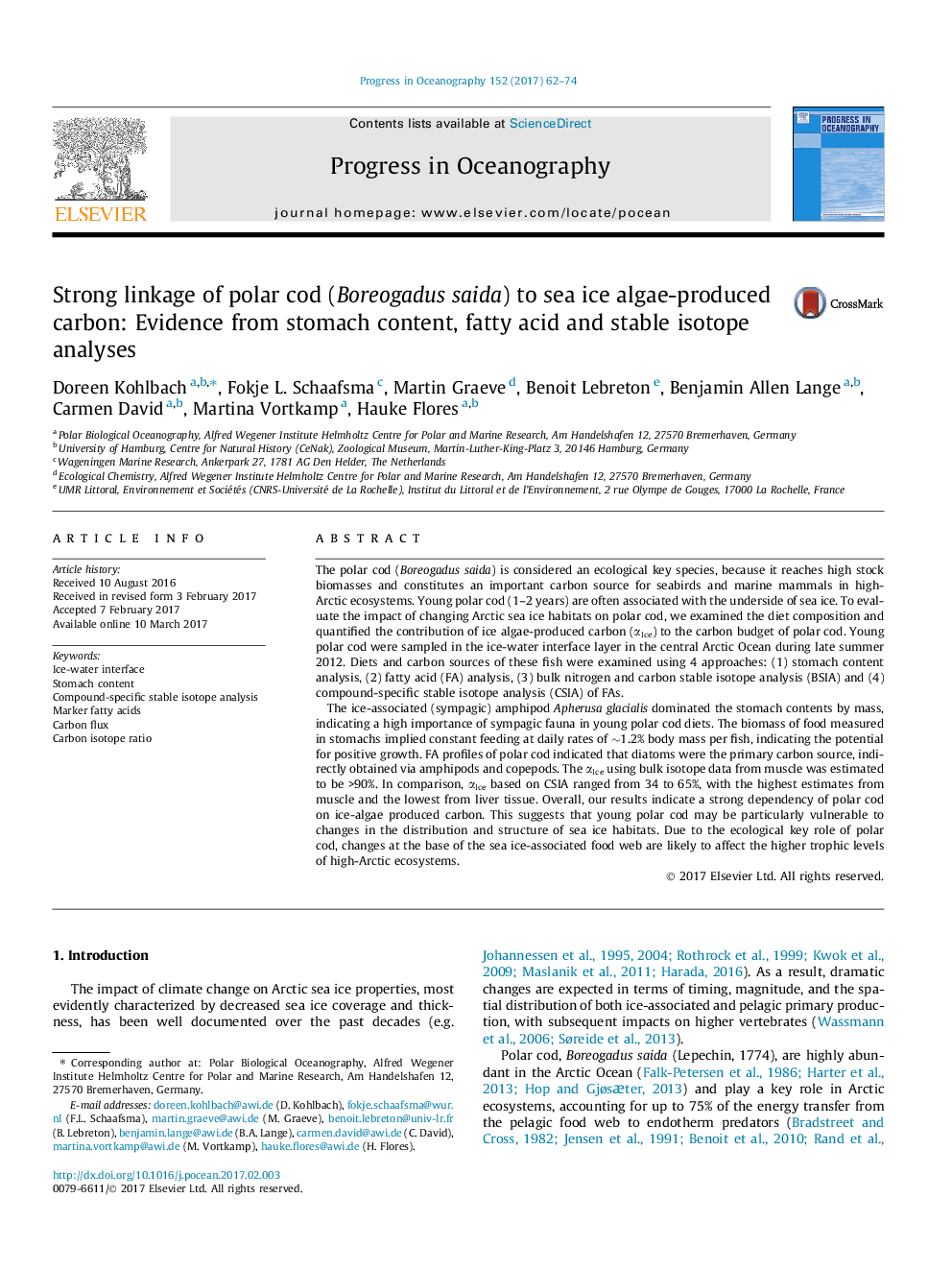 Strong linkage of polar cod (Boreogadus saida) to sea ice algae-produced carbon: Evidence from stomach content, fatty acid and stable isotope analyses