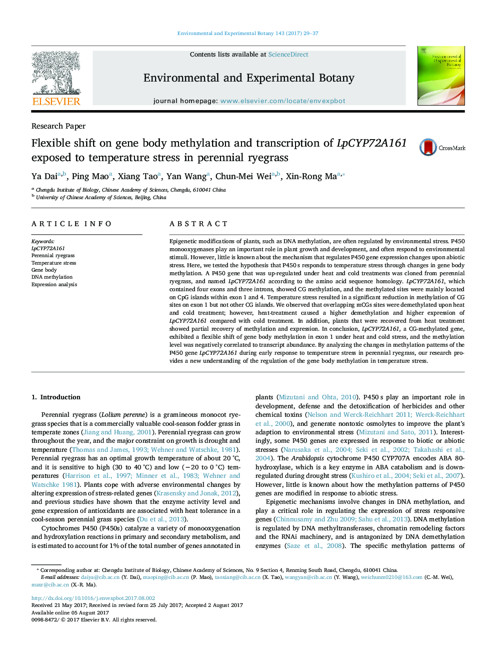 Research PaperFlexible shift on gene body methylation and transcription of LpCYP72A161 exposed to temperature stress in perennial ryegrass