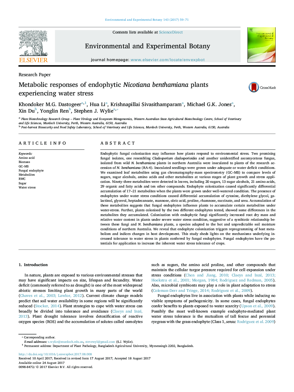 Research PaperMetabolic responses of endophytic Nicotiana benthamiana plants experiencing water stress