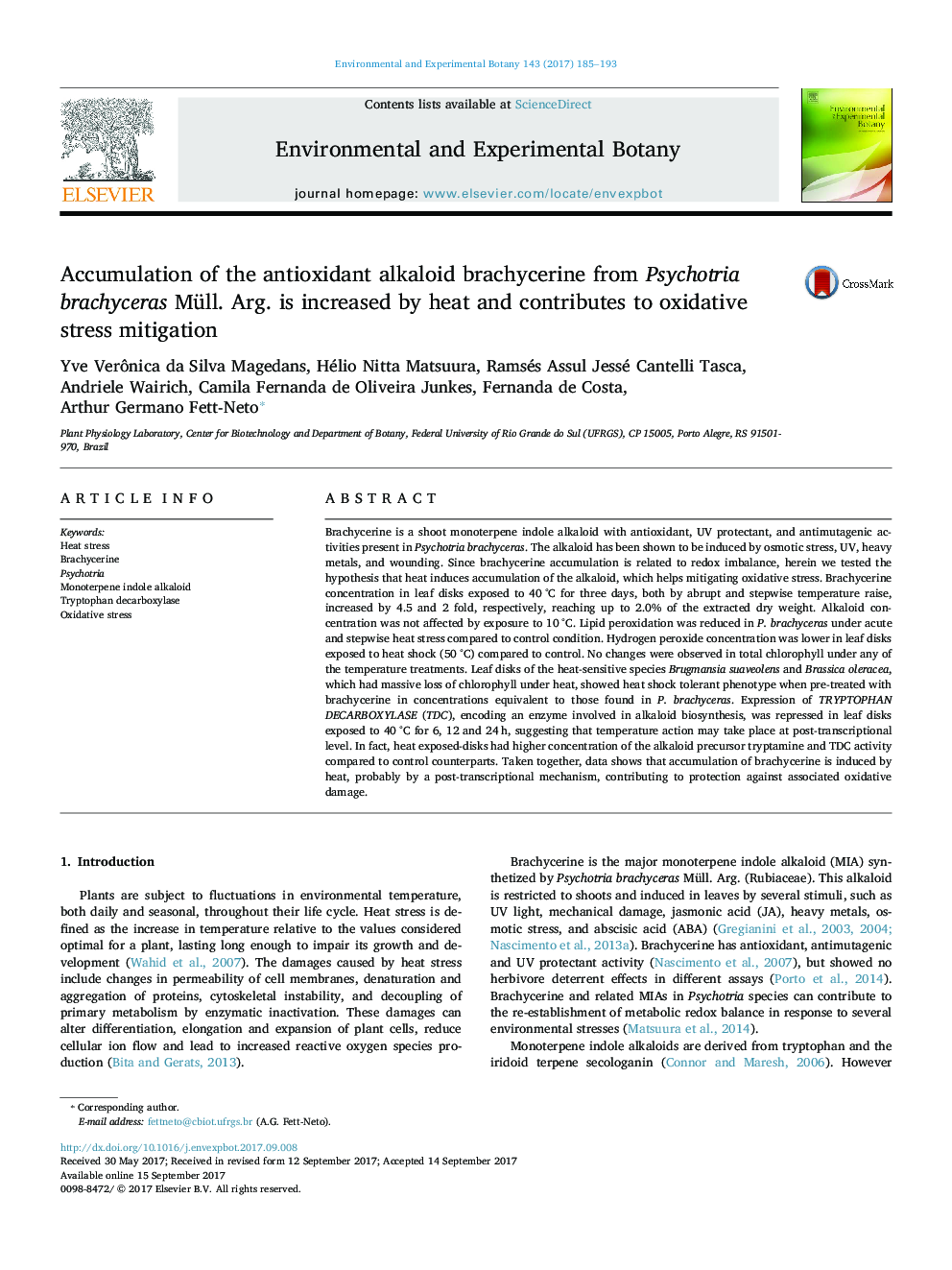 Accumulation of the antioxidant alkaloid brachycerine from Psychotria brachyceras Müll. Arg. is increased by heat and contributes to oxidative stress mitigation