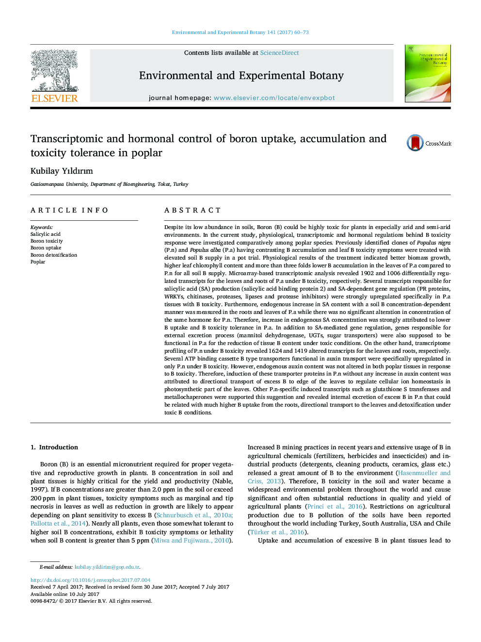 Transcriptomic and hormonal control of boron uptake, accumulation and toxicity tolerance in poplar