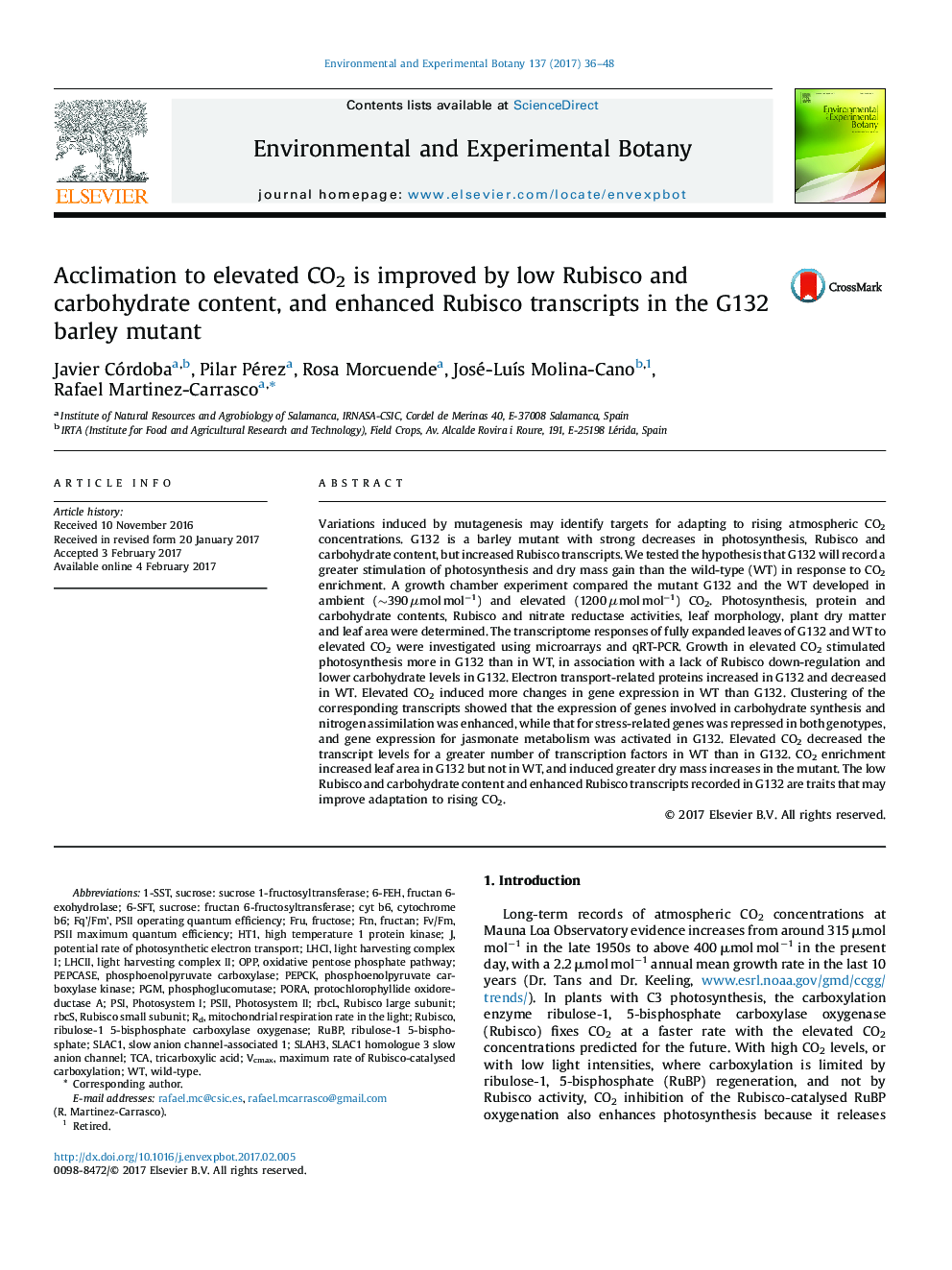 Acclimation to elevated CO2 is improved by low Rubisco and carbohydrate content, and enhanced Rubisco transcripts in the G132 barley mutant