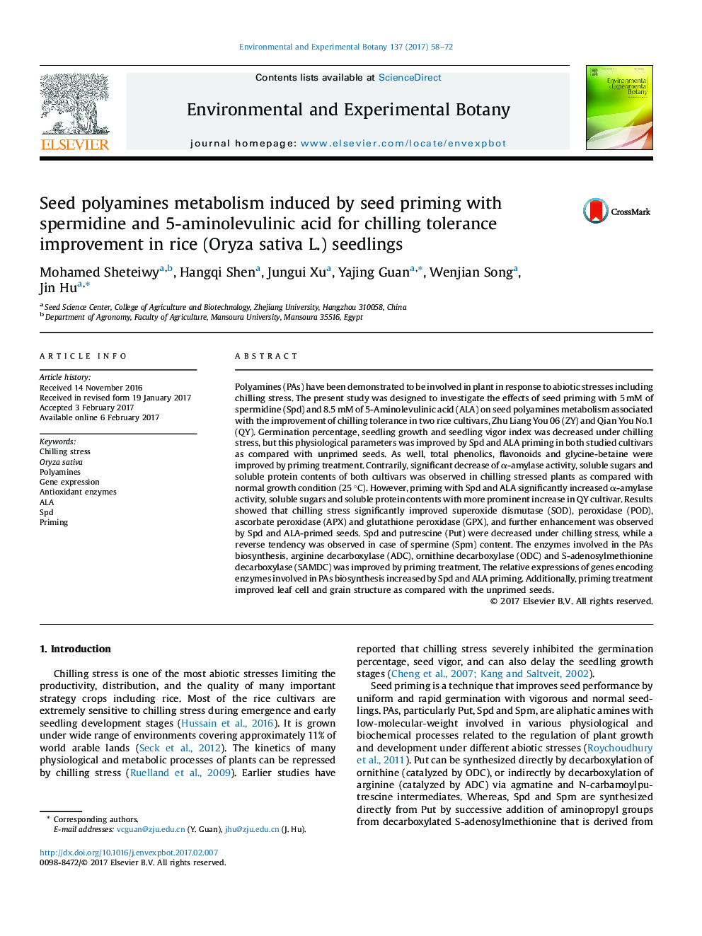 Seed polyamines metabolism induced by seed priming with spermidine and 5-aminolevulinic acid for chilling tolerance improvement in rice (Oryza sativa L.) seedlings