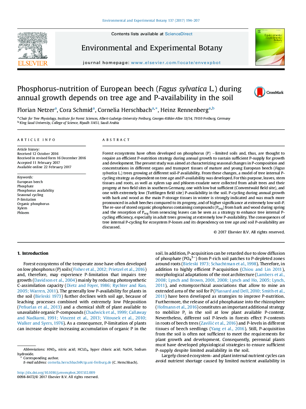Phosphorus-nutrition of European beech (Fagus sylvatica L.) during annual growth depends on tree age and P-availability in the soil
