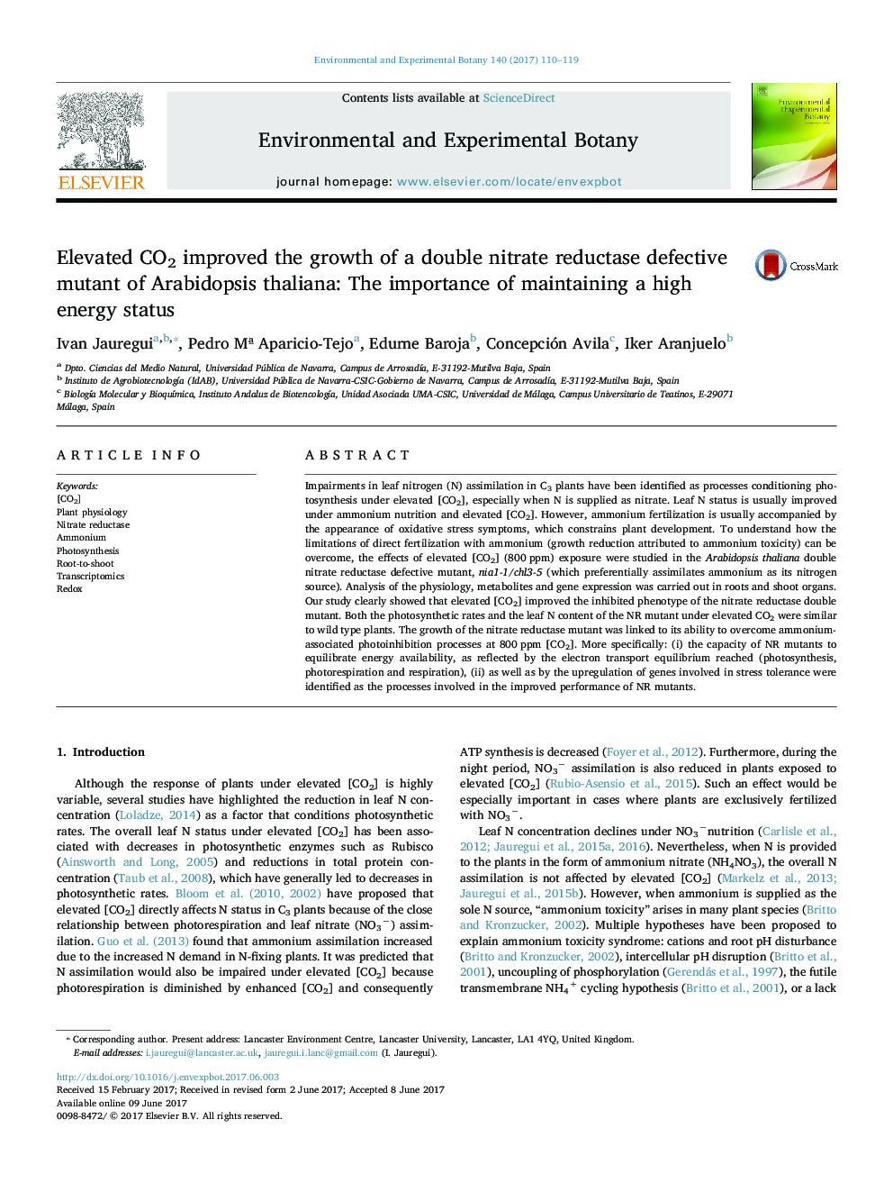 Elevated CO2 improved the growth of a double nitrate reductase defective mutant of Arabidopsis thaliana: The importance of maintaining a high energy status