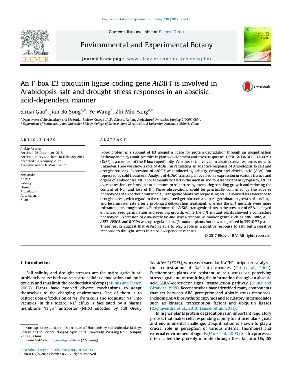 An F-box E3 ubiquitin ligase-coding gene AtDIF1 is involved in Arabidopsis salt and drought stress responses in an abscisic acid-dependent manner