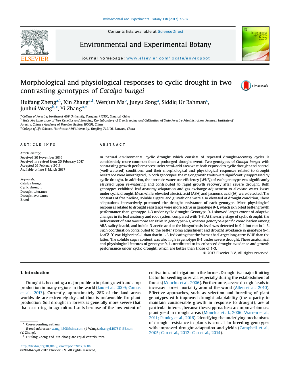 Morphological and physiological responses to cyclic drought in two contrasting genotypes of Catalpa bungei
