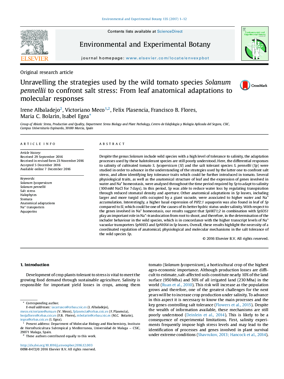 Original research articleUnravelling the strategies used by the wild tomato species Solanum pennellii to confront salt stress: From leaf anatomical adaptations to molecular responses