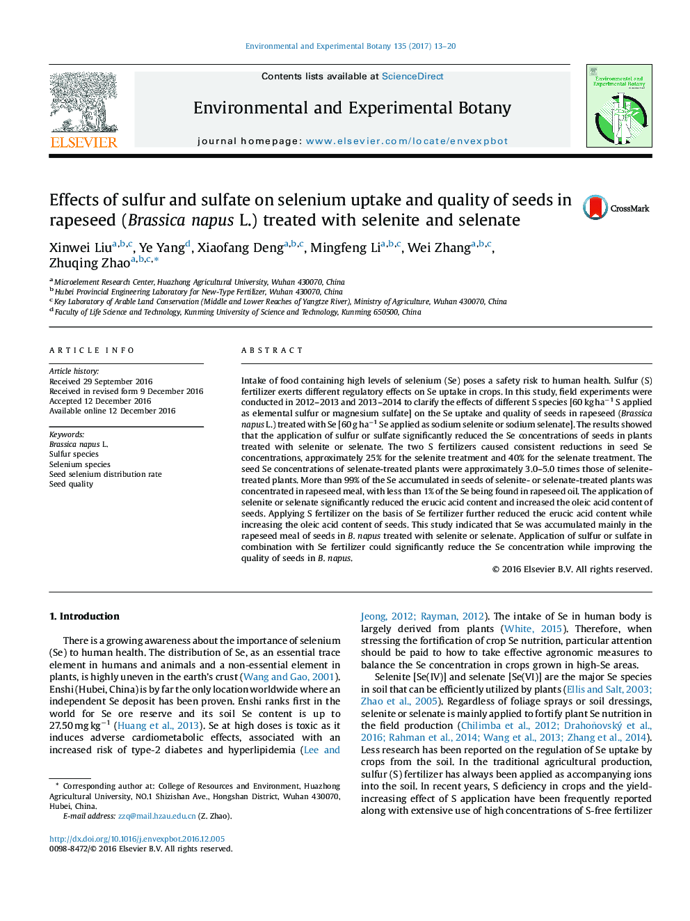 Effects of sulfur and sulfate on selenium uptake and quality of seeds in rapeseed (Brassica napus L.) treated with selenite and selenate