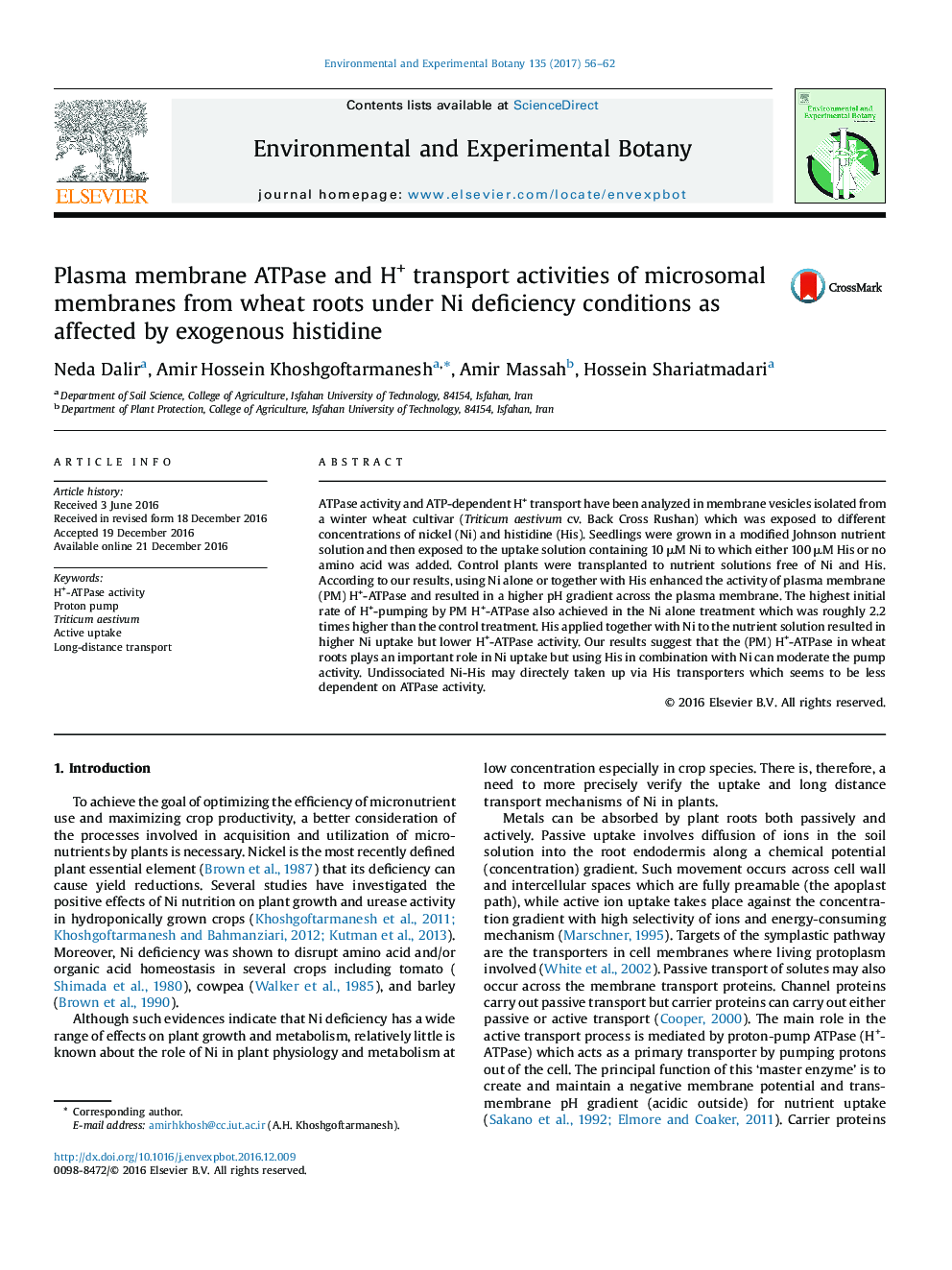 Plasma membrane ATPase and H+ transport activities of microsomal membranes from wheat roots under Ni deficiency conditions as affected by exogenous histidine