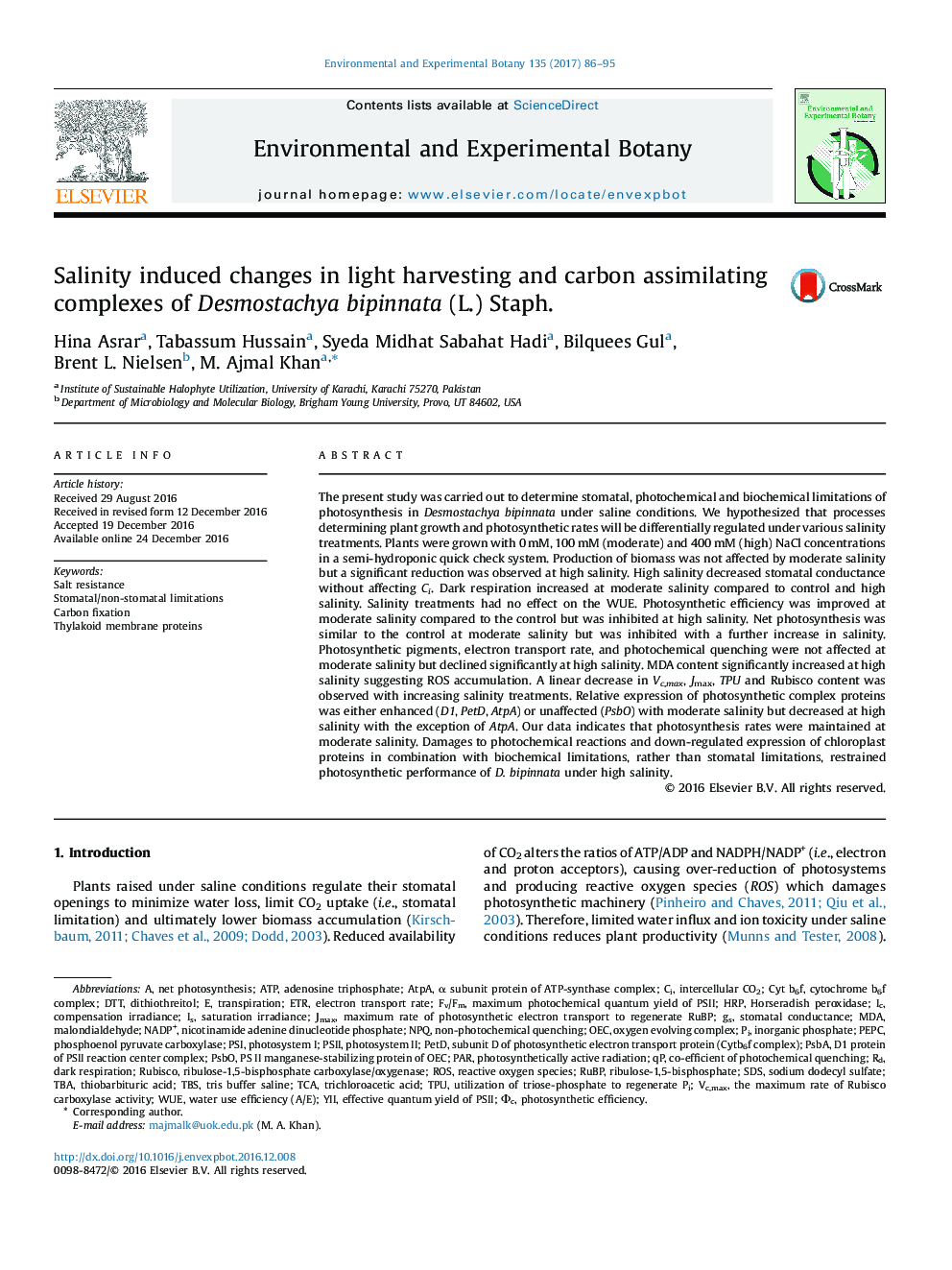 Salinity induced changes in light harvesting and carbon assimilating complexes of Desmostachya bipinnata (L.) Staph.