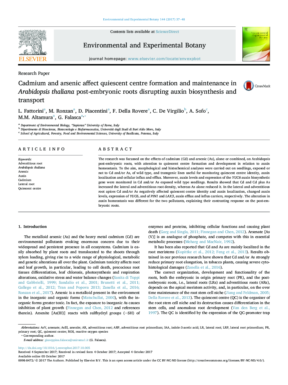 Cadmium and arsenic affect quiescent centre formation and maintenance in Arabidopsis thaliana post-embryonic roots disrupting auxin biosynthesis and transport